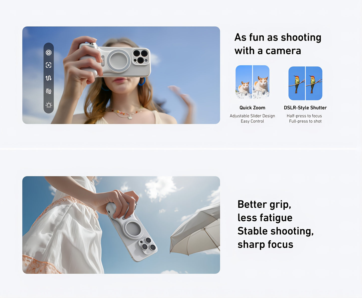 Poignée d'appareil photo magnétique pour iPhone et Android avec bouton d'obturateur sans fil détachable