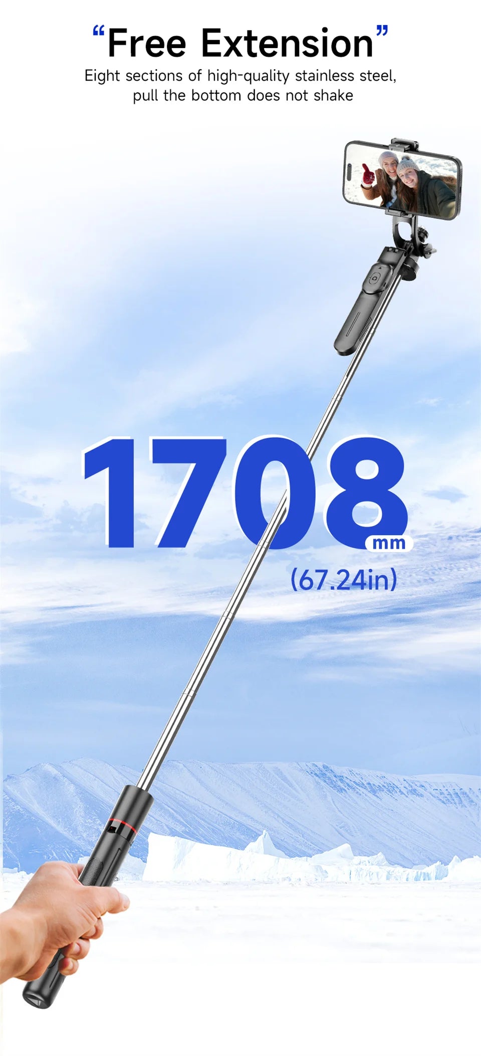 Perche à selfie de 1708 mm de long avec trépied , télécommande Bluetooth