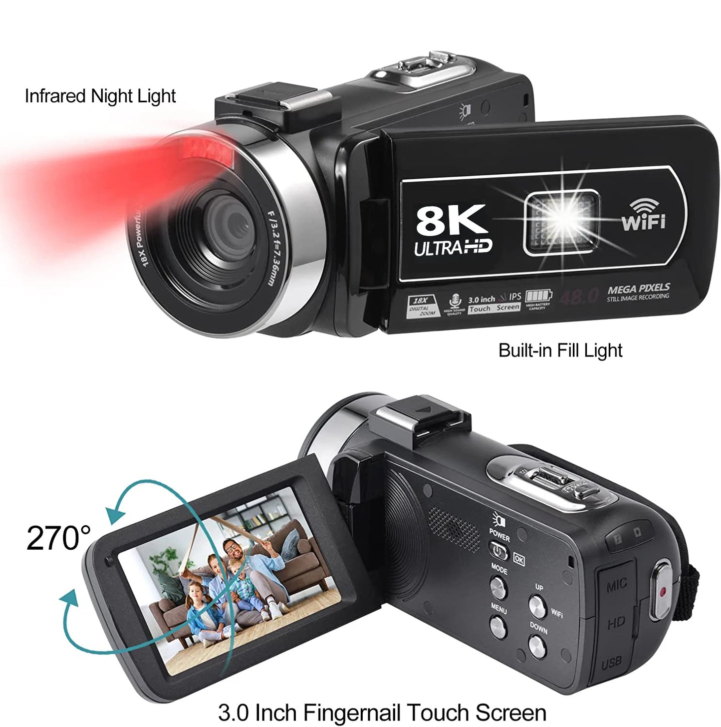 Caméra vidéo numérique HDR 8K, vision nocturne, webcam WIFI 48 MP