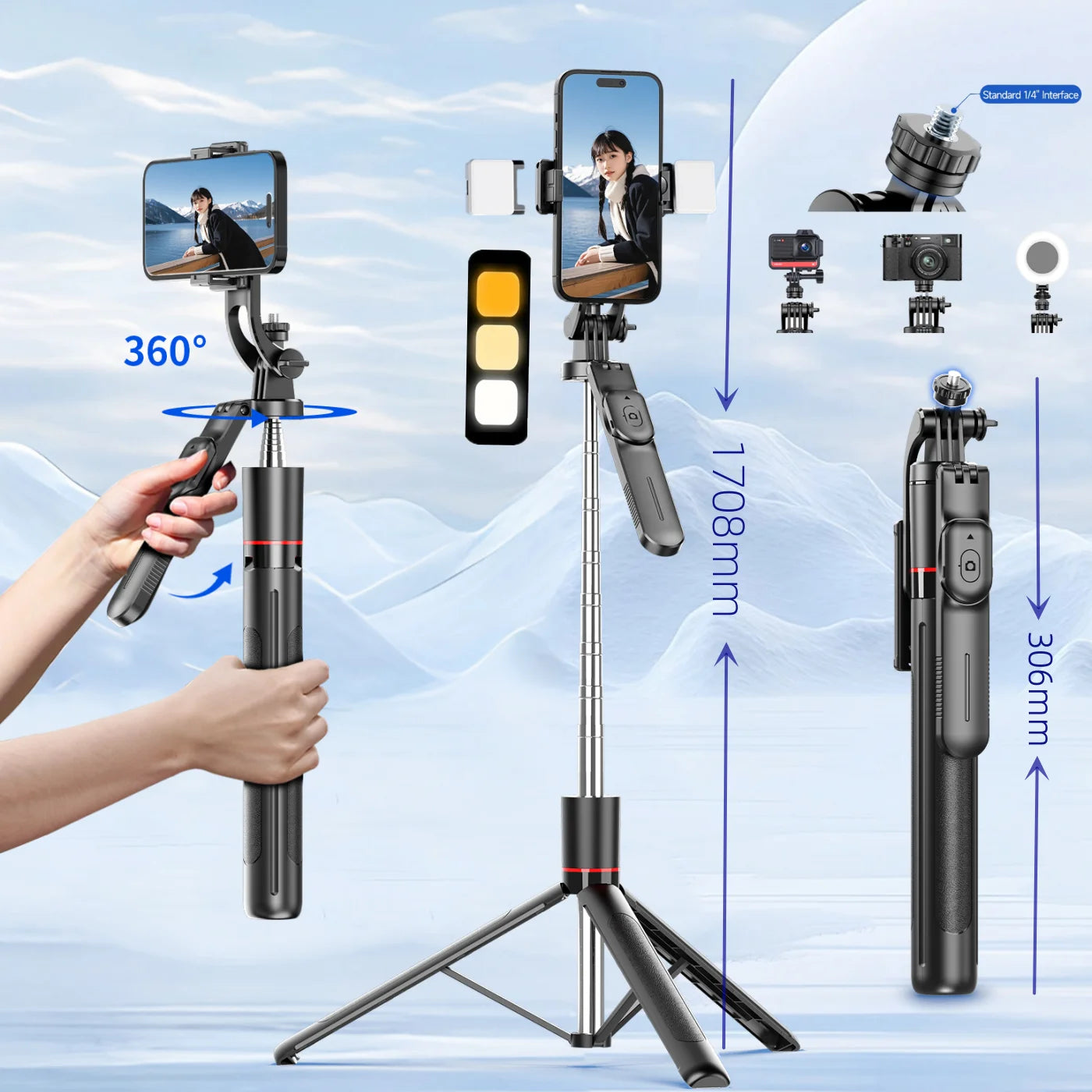 Perche à selfie de 1708 mm de long avec trépied , télécommande Bluetooth