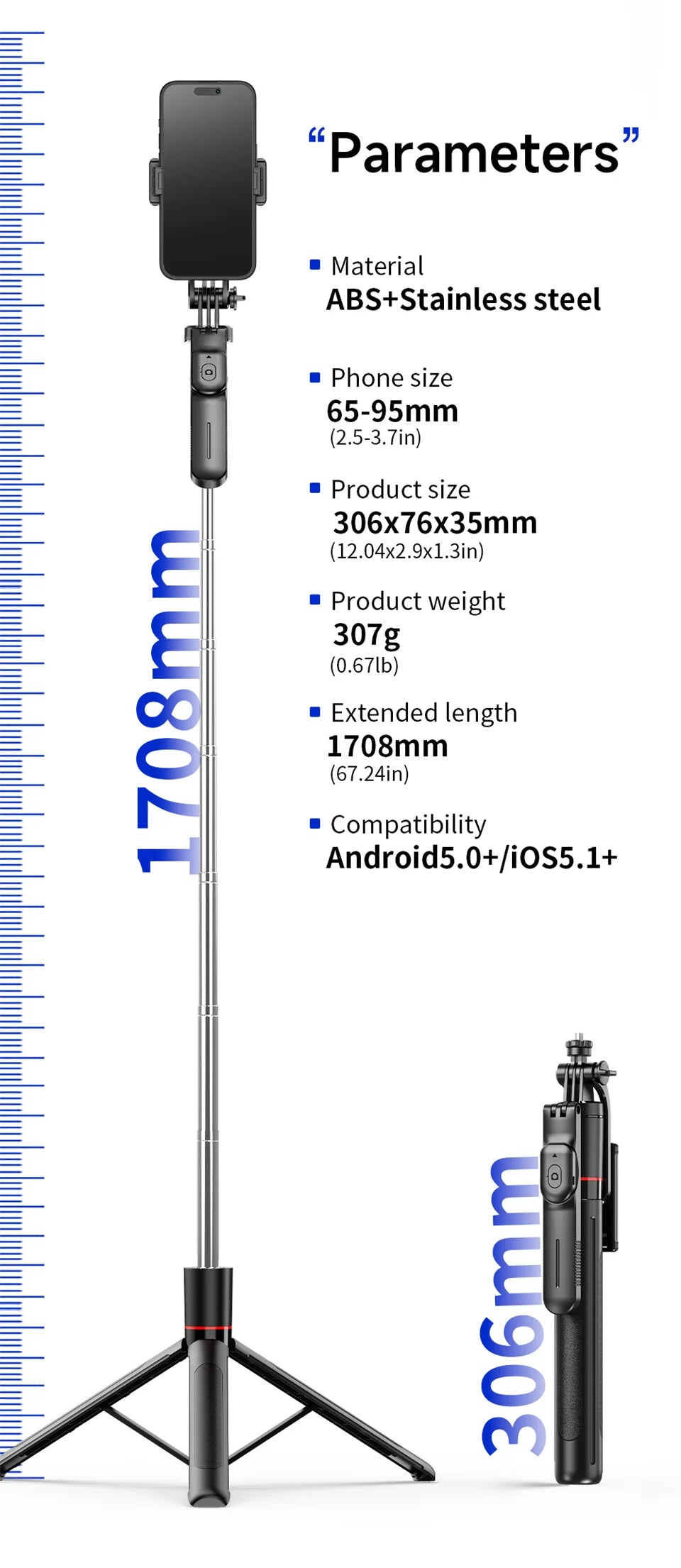 Perche à selfie de 1708 mm de long avec trépied , télécommande Bluetooth