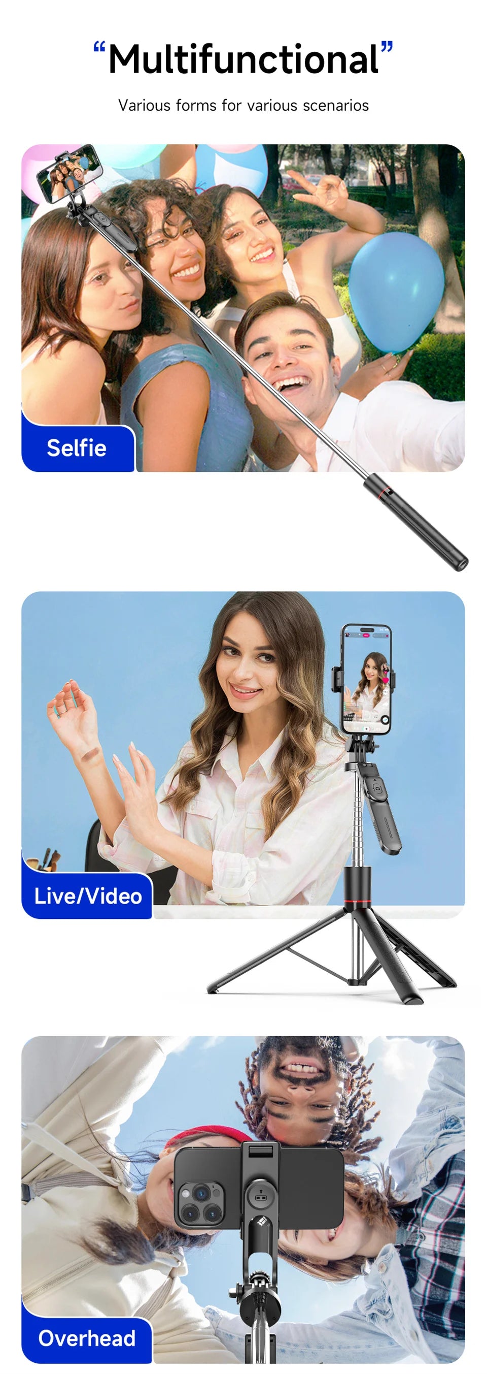 Perche à selfie de 1708 mm de long avec trépied , télécommande Bluetooth