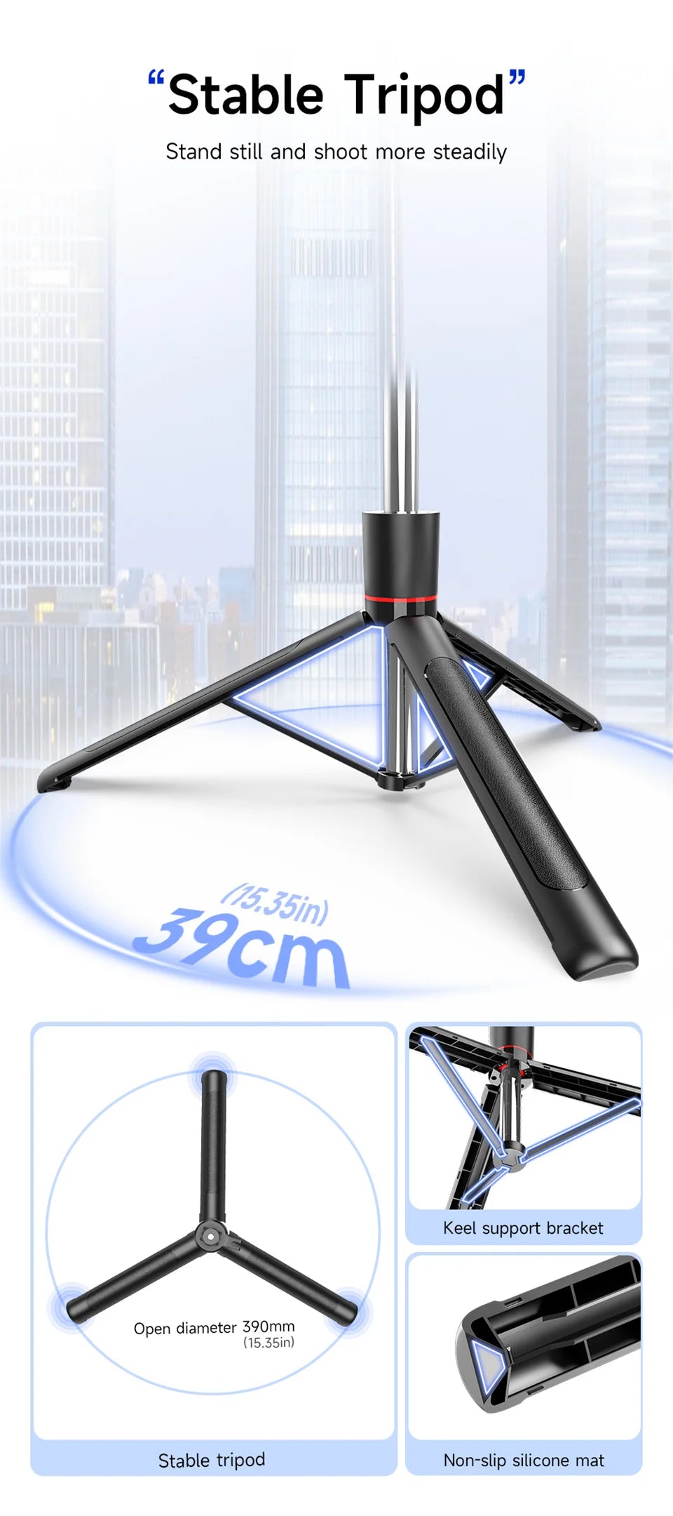 Perche à selfie de 1708 mm de long avec trépied , télécommande Bluetooth