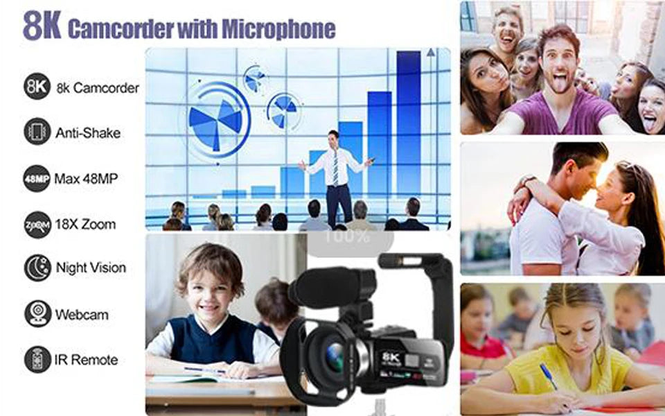 Caméra vidéo numérique HDR 8K, vision nocturne, webcam WIFI 48 MP