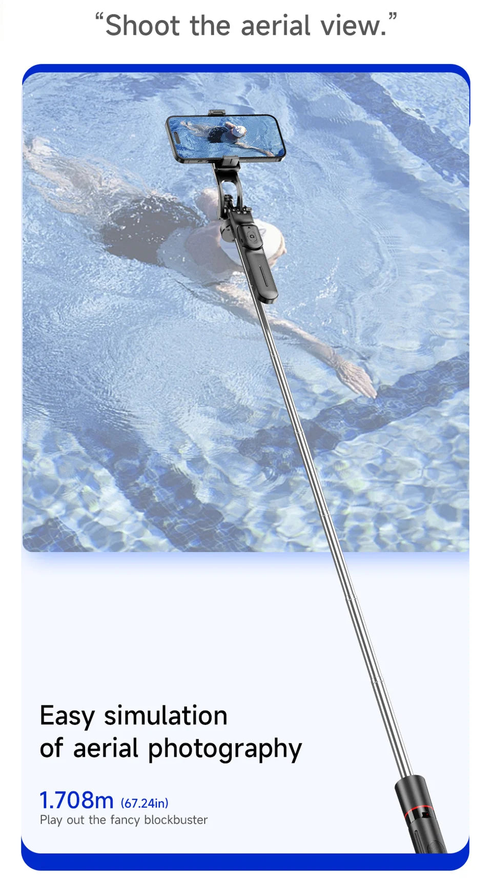 Perche à selfie de 1708 mm de long avec trépied , télécommande Bluetooth