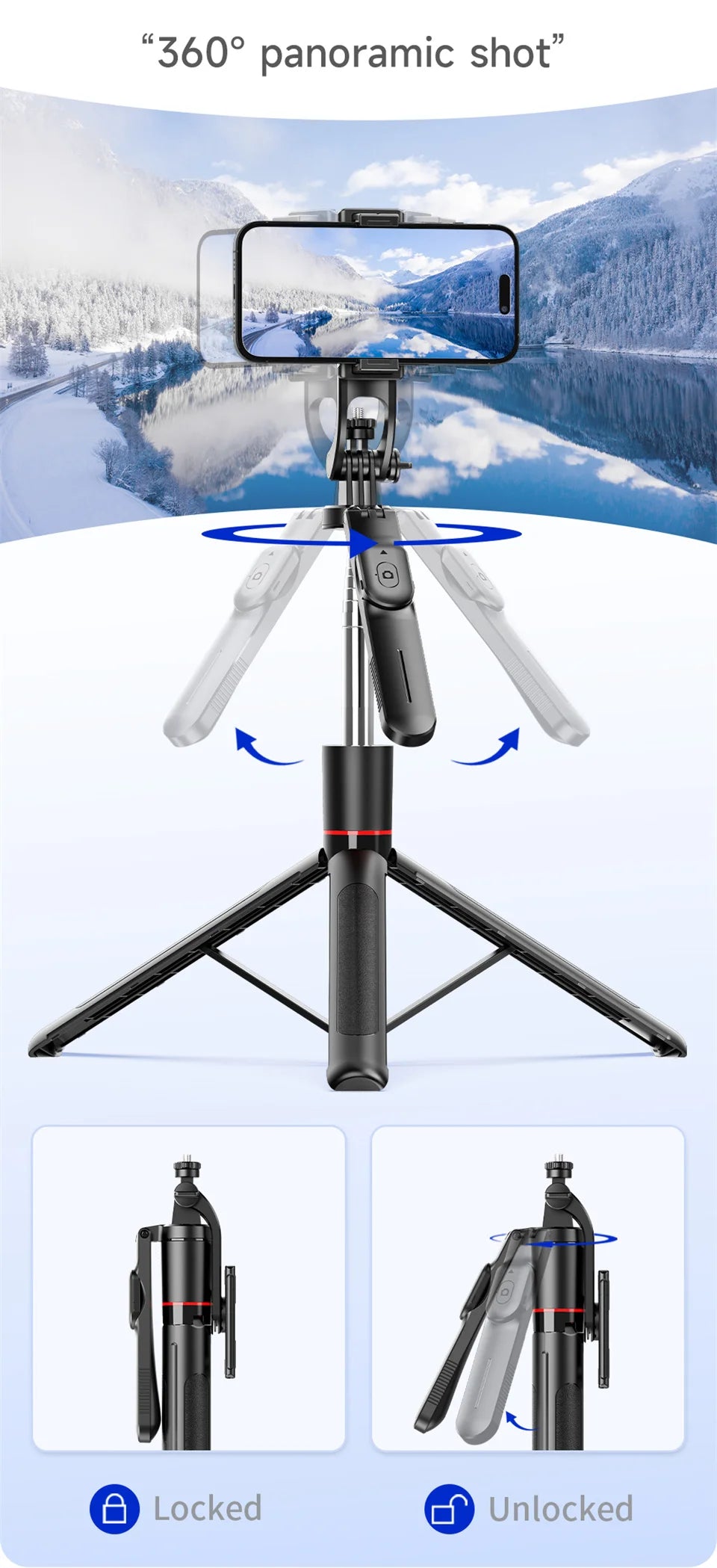Perche à selfie de 1708 mm de long avec trépied , télécommande Bluetooth