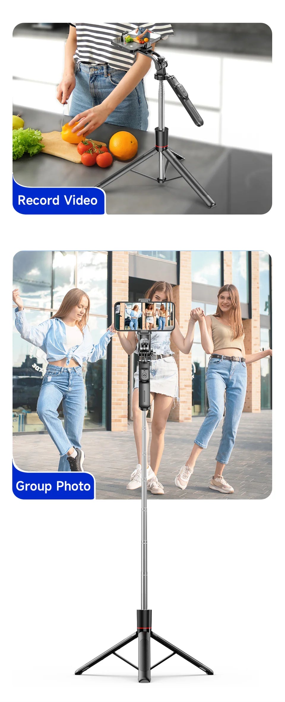 Perche à selfie de 1708 mm de long avec trépied , télécommande Bluetooth