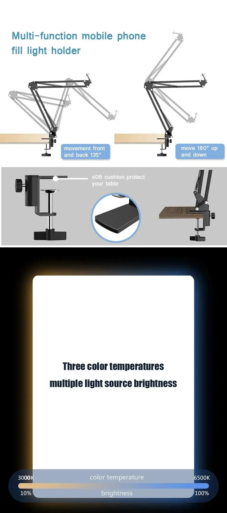Lampe LED pour photographie, avec support à bras ciseaux