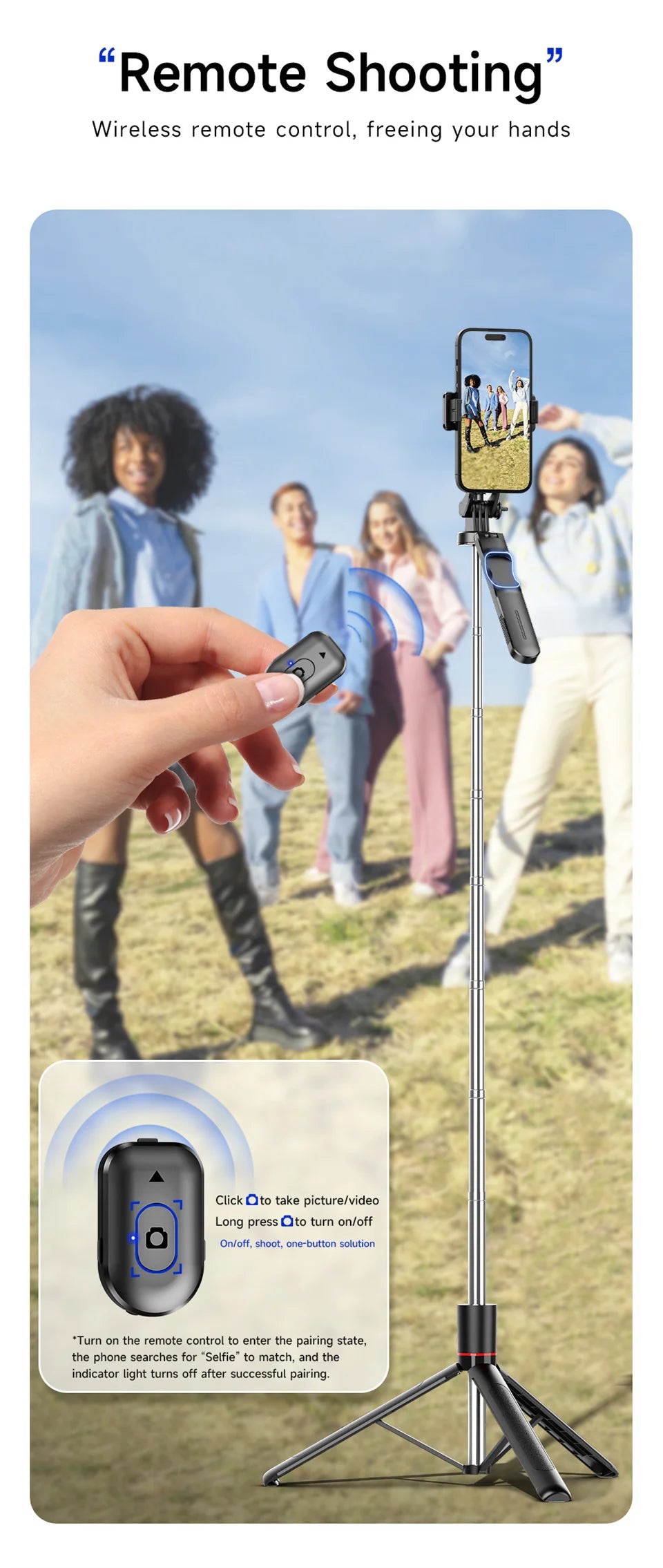 Perche à selfie de 1708 mm de long avec trépied , télécommande Bluetooth
