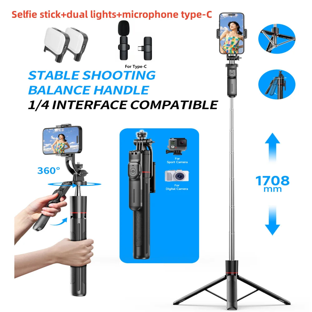 Perche à selfie de 1708 mm de long avec trépied , télécommande Bluetooth