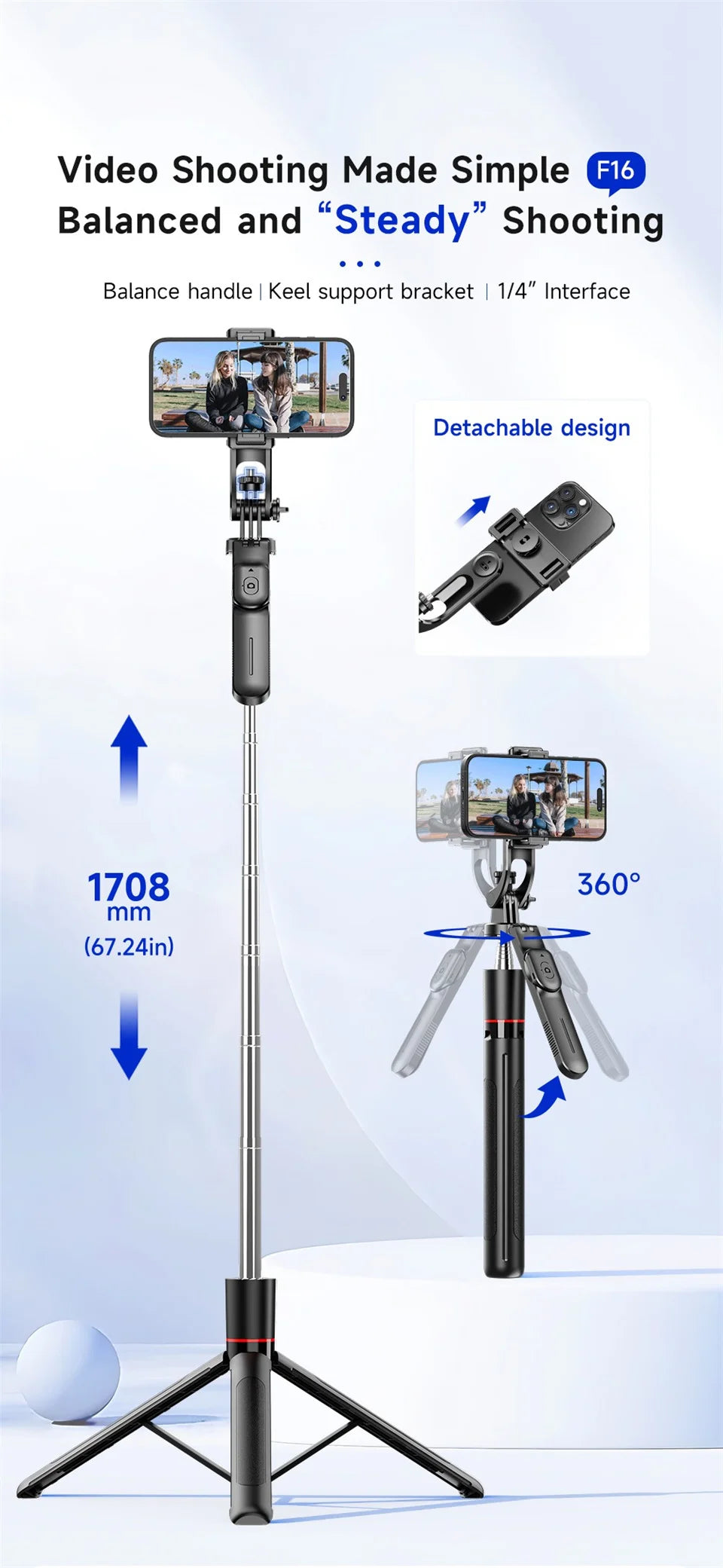 Perche à selfie de 1708 mm de long avec trépied , télécommande Bluetooth